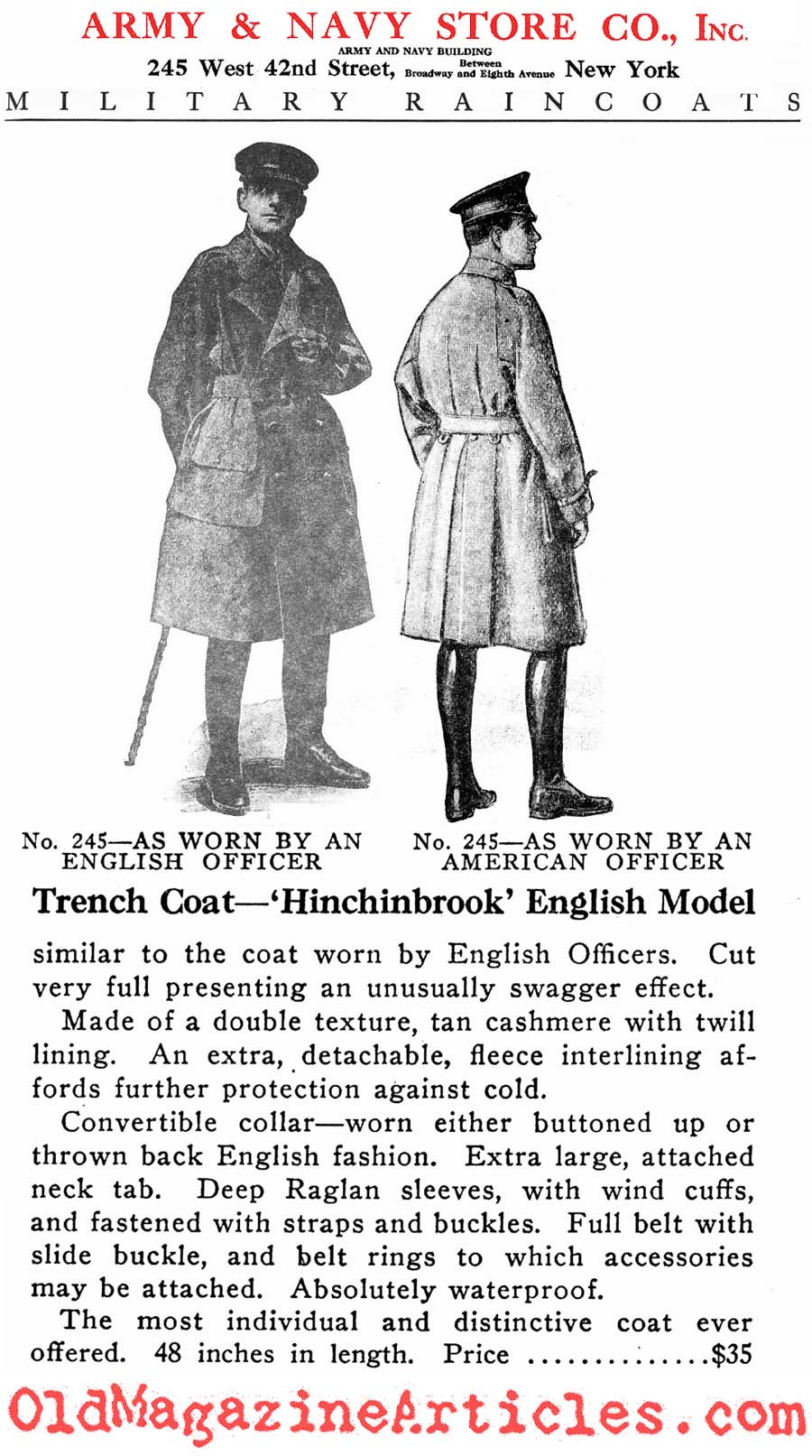 Trench Coat by Hitchinbrook  (Army and Navy Stores, 1918)